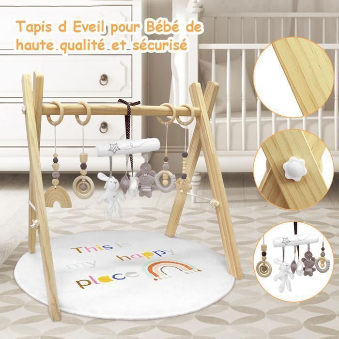 Tapis d'Éveil et d'Activités Douceur Transportable pour bébé en Bois, Coussin et 8 Jouets Amovibles, Ultra-Doux