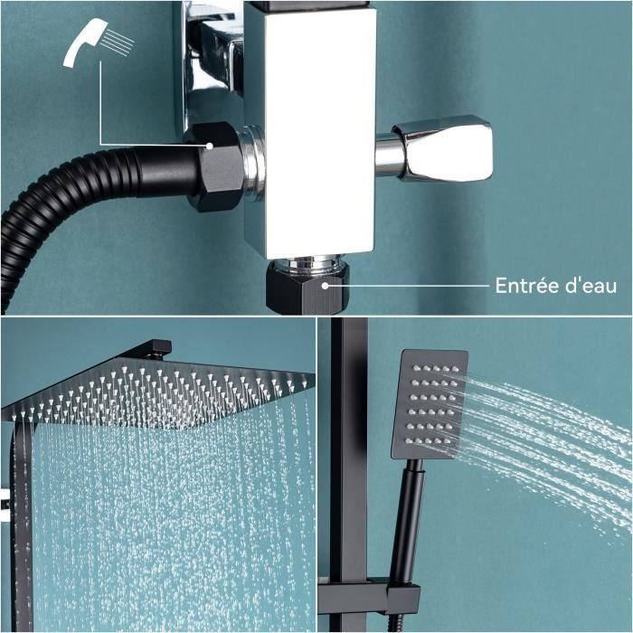 Columna de ducha de acero inoxidable negro con 2 funciones, conjunto de ducha con cabezal de ducha de 10 pulgadas, altura ajustable de 69 a 113 cm.