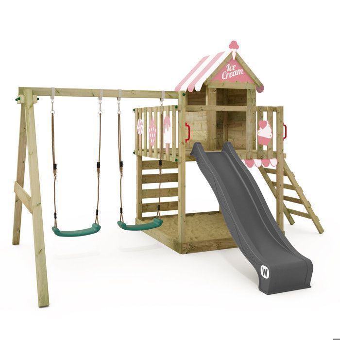 Aire de jeux bois WICKEY Smart Candy avec toboggan 220 cm anthracite, double balançoire et maisonnette – 10 ans de garantie*