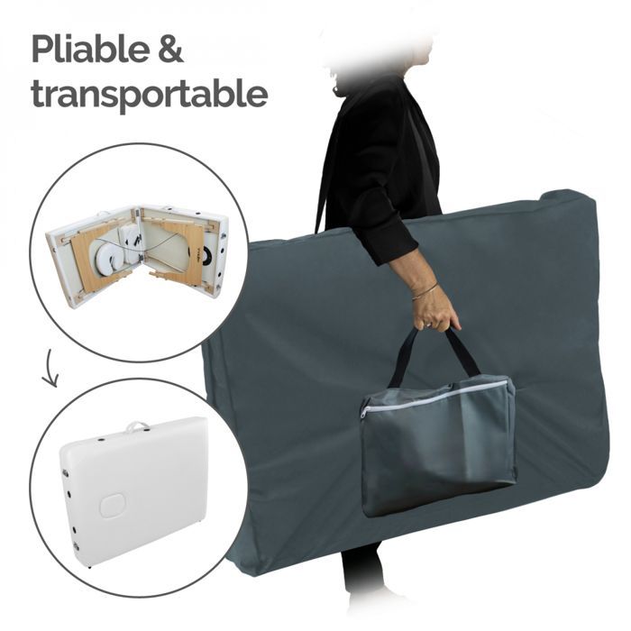 Camilla de masaje plegable de madera de 15 cm y 3 secciones con panel Reiki + accesorios y estuche de transporte - Blanca - Vivezen