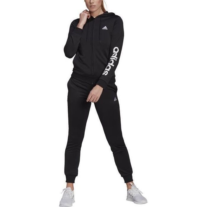 Chándal Adidas Essentials para mujer con logo, tejido French Terry, negro, manga larga, para fitness.