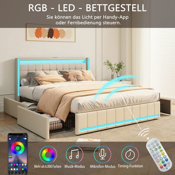 Letto matrimoniale 160x200 cm con rete a doghe, testiera con LED e porte USB, 4 cassetti, tessuto in lino, letto matrimoniale imbottito, beige