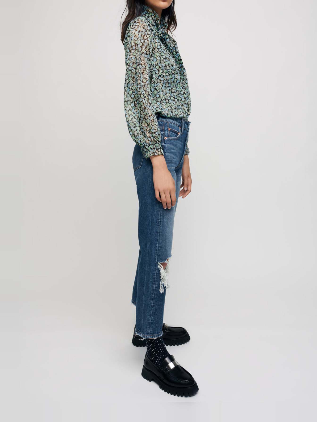Jeans met hoge taille en verwassen look - Blauw
