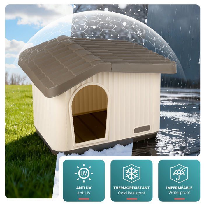 Caseta/perrera impermeable de plástico VOUNOT® para gatos y perros, 60x51x41cm - Techo inclinado desmontable - Apta para uso interior y exterior - Beige