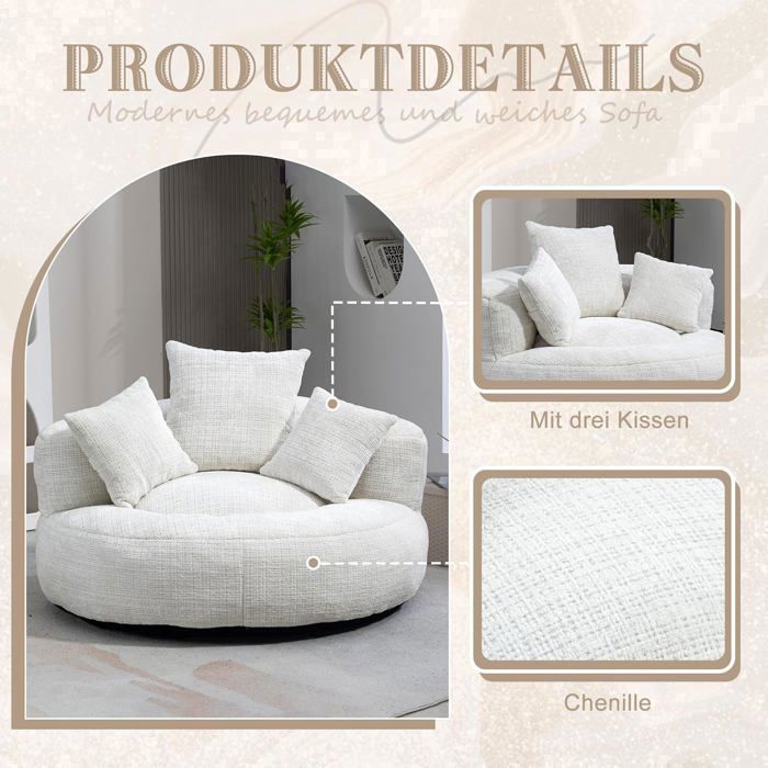 Sillón puf de dos plazas en chenilla beige, 108×108×52 cm, con 3 cojines: sofá cómodo para salón y dormitorio.