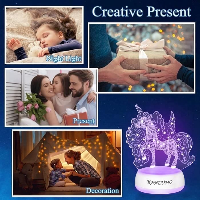 KENLUMO Lampe Licorne Noël Enfant Cadeau Lampe de chevet LED télécommande Touchez pour changer de couleur decoration chambre fille