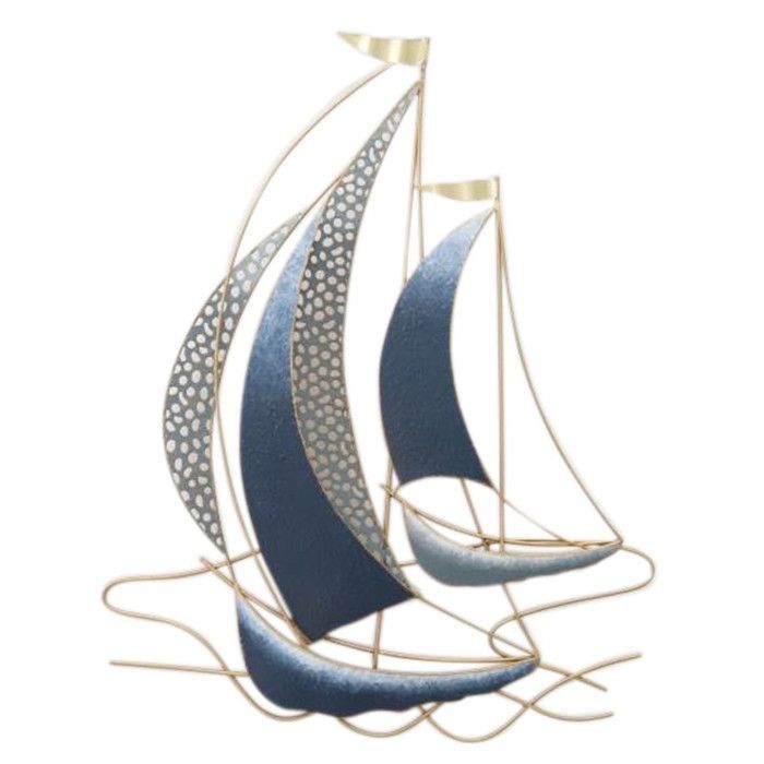Blue and Gold Metal Sailboat Wall Decoration, 60x46 cm, Nautical Maritime Style, Hanging