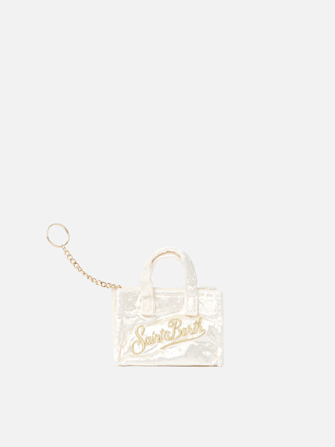 Llavero de tela de chenilla blanca con logotipo bordado