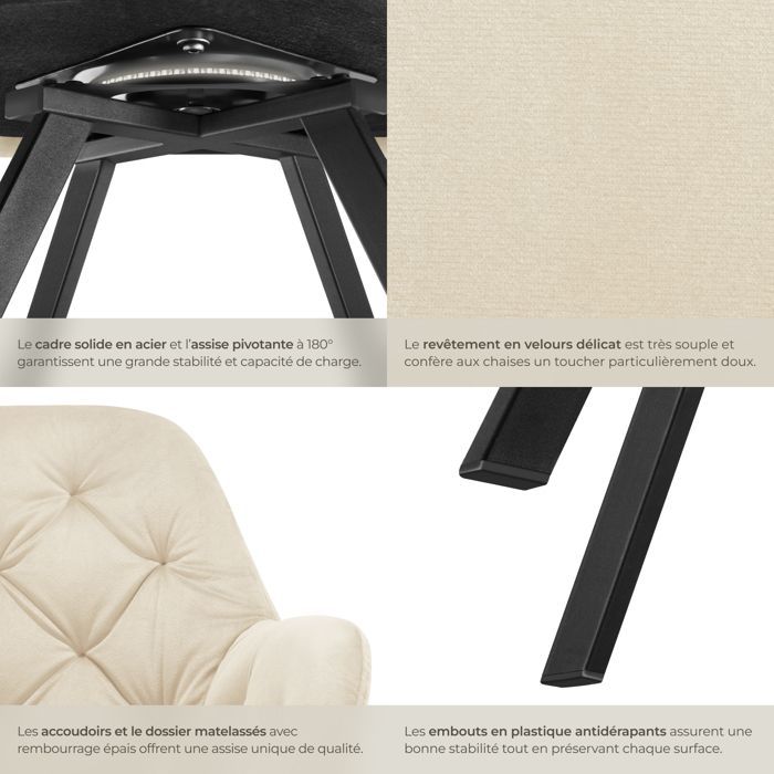 Chaises - TECTAKE - Lot de 4 fauteuils LUCIA pivotants à 180° rembourré en velours motif matelassé 58 x 58 x 87 cm - Crème