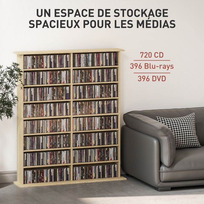 CD and DVD storage unit - HOMCOM - 16 compartments and 12 adjustable shelves - max. capacity 720 CDs/396 DVDs and Blu-rays - natural