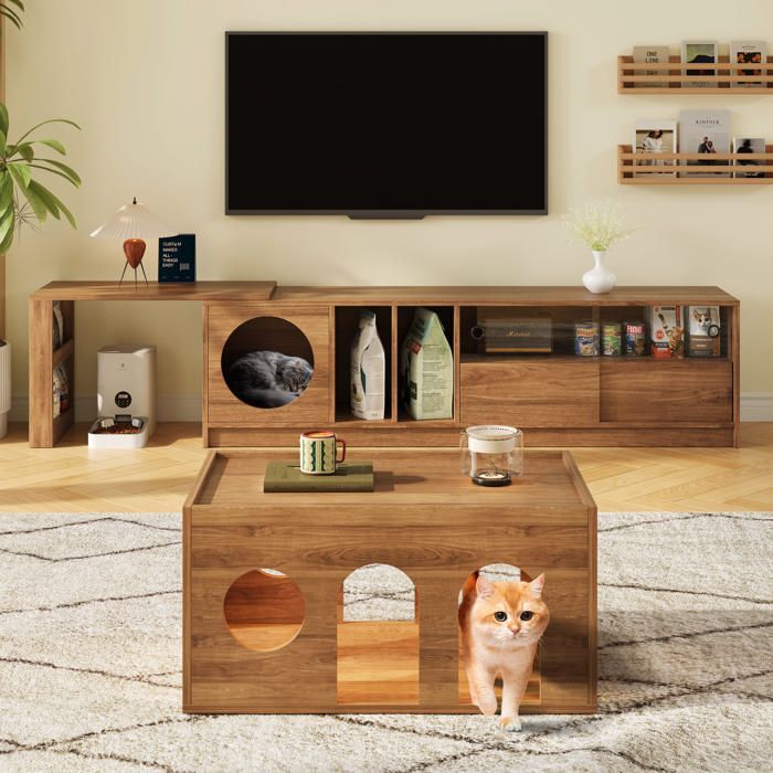 Meuble TV rotatif 180(+80)x40x50cm - MODERNLUXE - Niche pour chat - Portes coulissantes - Naturel