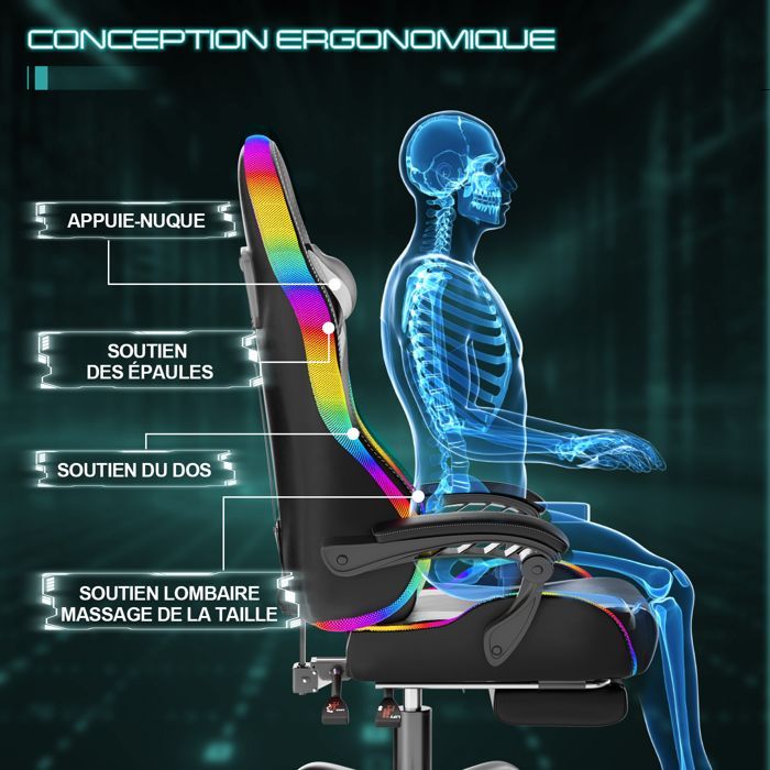 Chaise Gaming Ergonomique avec LED RGB, Massage Lombaire & Repose-Pieds – Fauteuil Gamer avec Appui-tête réglable– 180 kg, Blanc