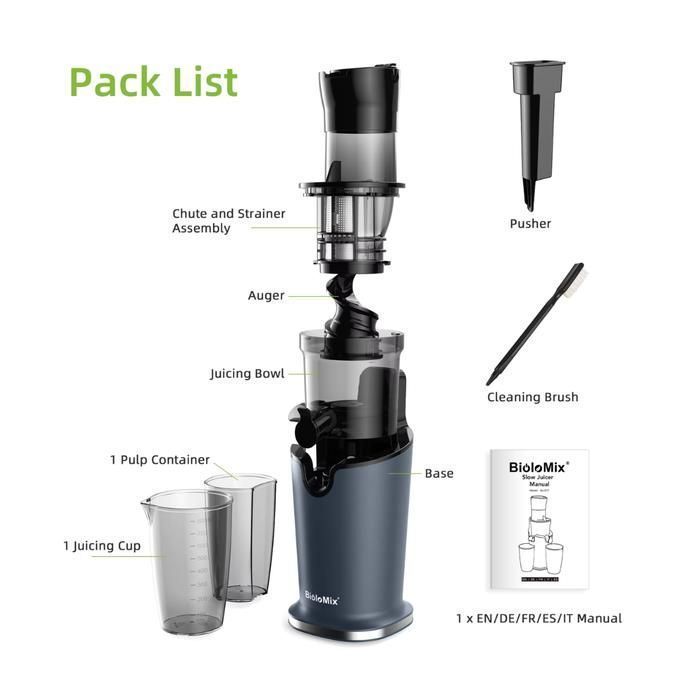 BioloMix Presse-agrumes à pression froide, extracteur de jus à mastication lente à moteur puissant de 200 W - fruits entiers
