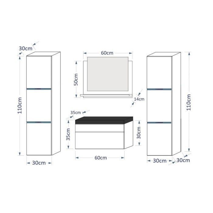 Ensemble meubles de salle de bain noir collection RAVEN. 2 colonnes, meuble sous vasque, vasque 60cm, miroir, siphon et leds
