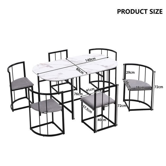 Ensemble Table à Manger (140x80cm) avec 6 Chaises - Table et Chaises - Chaises avec Dossiers+Coussins Gris - Style Moderne - Noir