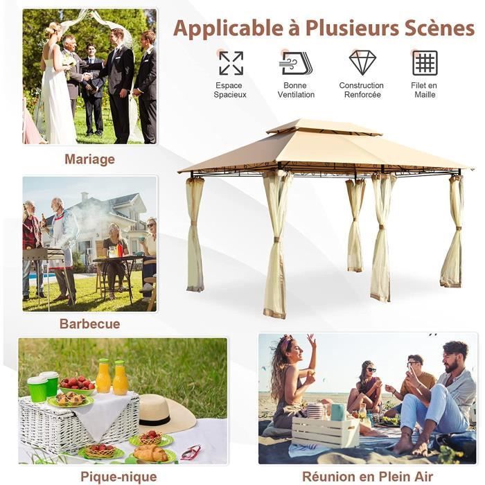 GYMAX Pavillon Tonnelle de Jardin avec Double Toit,Moustiquaires Amovibles,Tente de Réception Imperméable,390 x 290 x 270 CM,Havane