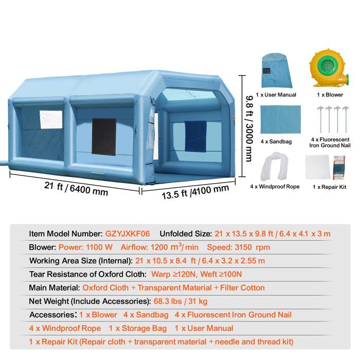 Cabina di verniciatura - DUOKU - GZYJXKF06 - 6,4 x 4,1 x 3 m - Soffiatore da 1100 W - Per veicoli e mobili