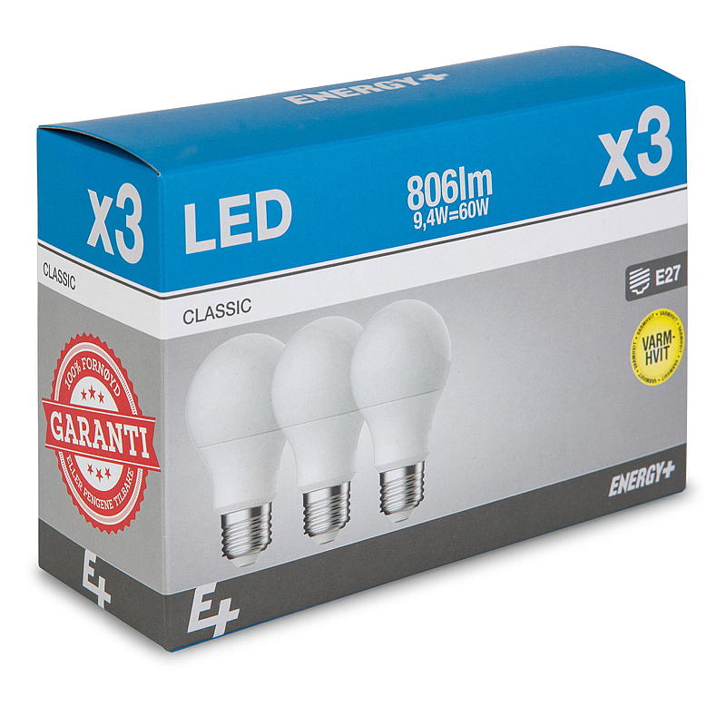 Energipære LED 806 lm 3-pak Classic E27 A60