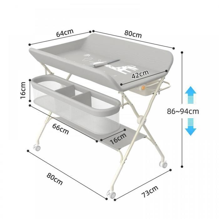 Cambiador plegable y portátil MIPAN - Con cesta de almacenamiento + 4 ruedas + cinturón de seguridad - Altura regulable - Gris
