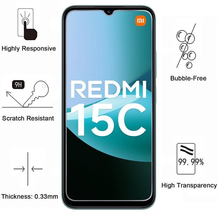 Case and screen protector - PHONILLICO - Xiaomi Redmi 15C 4G - Flexible - Transparent - 2 Tempered Glass Screen Protectors