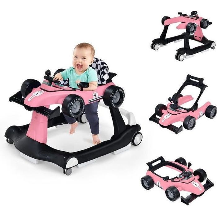 Andador plegable 4 en 1 para bebés COSTWAY - Altura y velocidad ajustables - Caja de música con luz - 6-18 meses - Ruedas silenciosas - Rosa