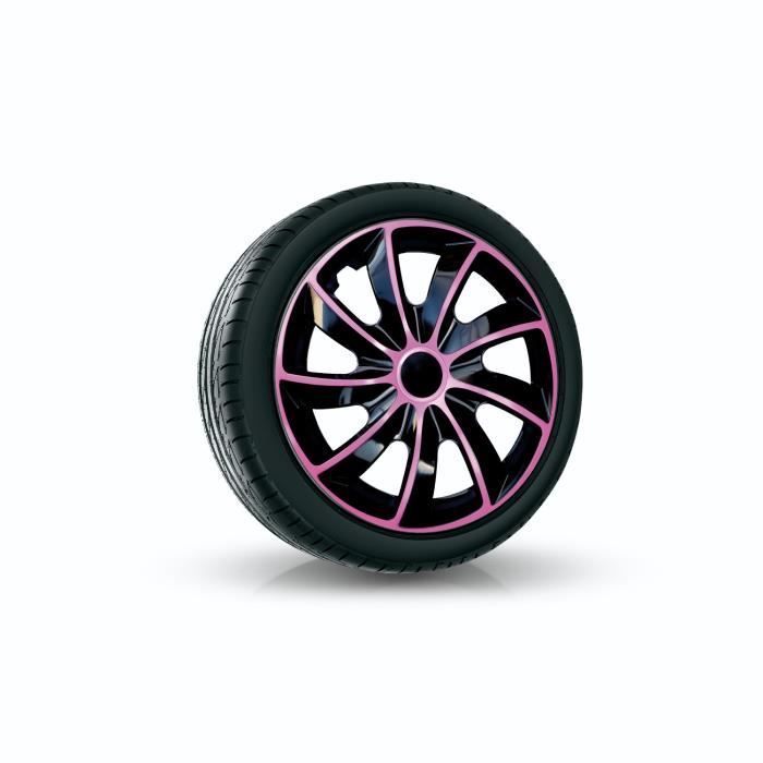 Calotas NRM Quad Bicolor para Aros de Aço - Conjunto de 4 Calotas Bicolor - Plástico ABS (Preto/Rosa, 15