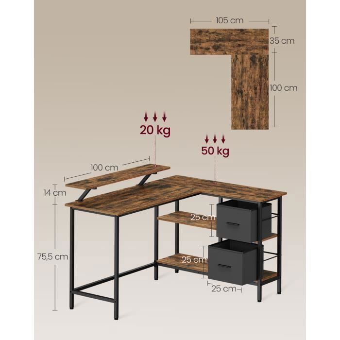 Bureau, Forme en L, avec 2 Tiroirs Spacieux et Support pour Écran, Étagère Réglable, Longueur 135 cm, pour Bureau, Marron Rustique