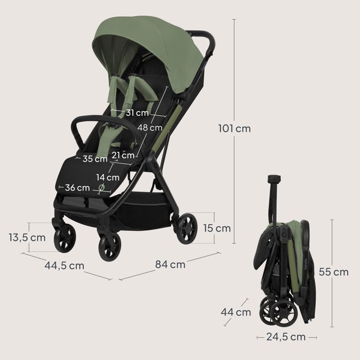 LIONELO Julie Air Ultra-Compact Stroller - Automatic Folding - Airplane Compatible - Up to 22kg - UPF 50 Canopy - Sage