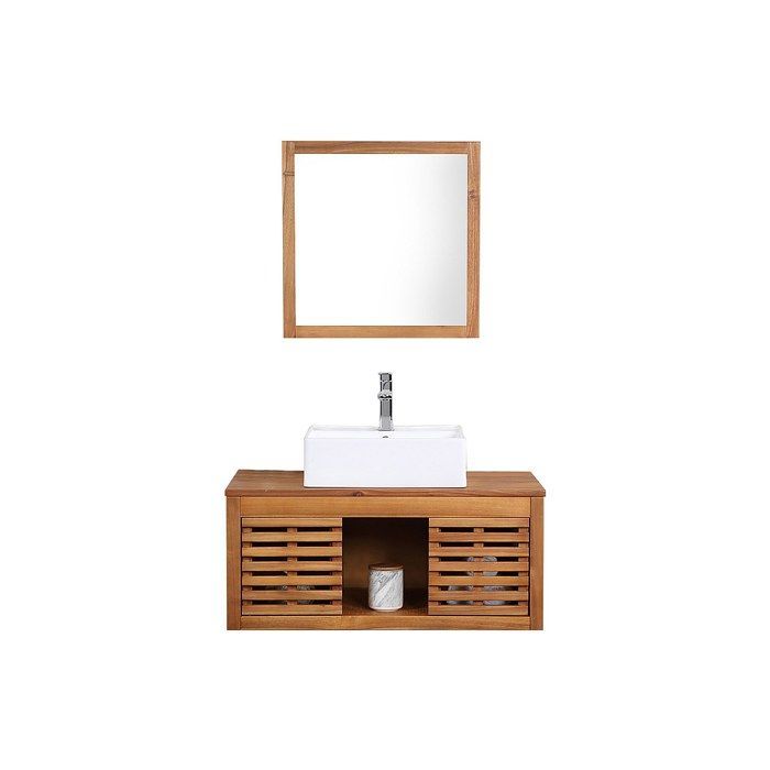 Mobile bagno sospeso in legno di acacia con lavabo singolo e specchio - 90 cm - PENEBEL