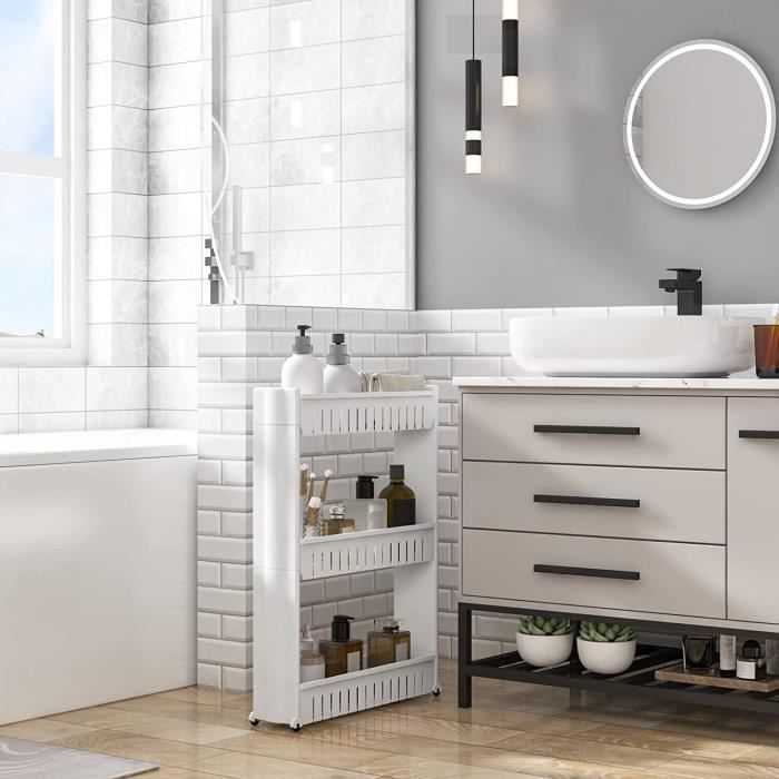 Estantería de nicho WOLTU, carrito de almacenamiento de cocina, carro de cocina, estante de almacenamiento con ruedas, 3 niveles, blanco