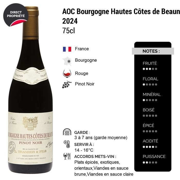Maison Tramier Bourgogne Hautes Côtes de Beaune Pinot Nero 2024 - Vino rosso di Borgogna (3x75cl)
