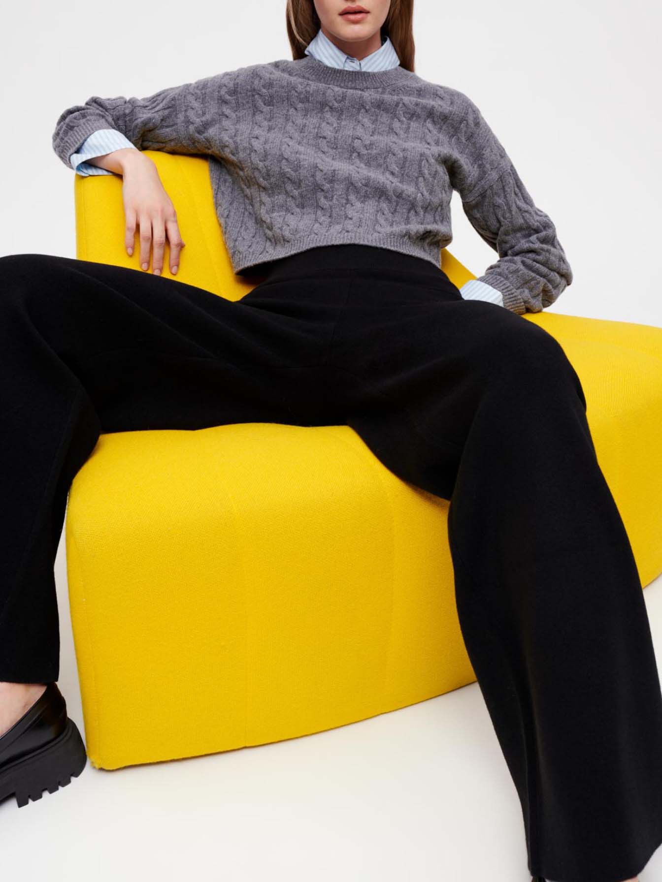 Zwarte gebreide broek met wijde pijpen - Zwart
