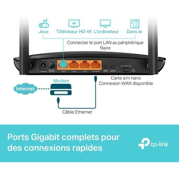 Routeur 4G+ LTE Cat.6 300 Mbps WiFi AC1200 Mbps - TP-Link Archer MR500 - 2 x SMA pour Antenne Externe - 4 Ports RJ45 Gigabit