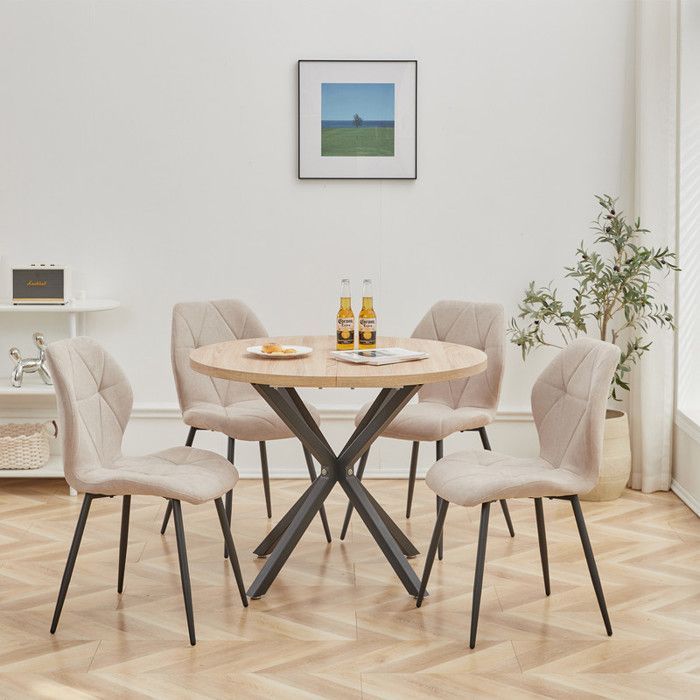 Set di 6 sedie - HJhomeheart - Sedia da pranzo vintage in lino - Beige - Gambe in metallo - Ergonomica