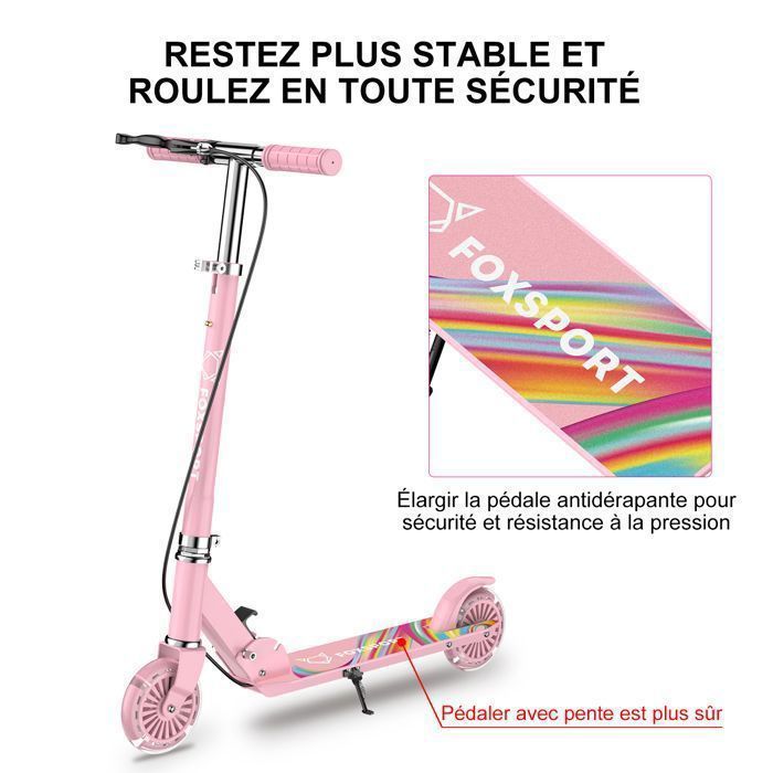 Monopattino per bambini - FOXSPORT - Pieghevole - Manubrio regolabile su 3 livelli - Freno a pedale - Portata massima 100 kg - Rosa