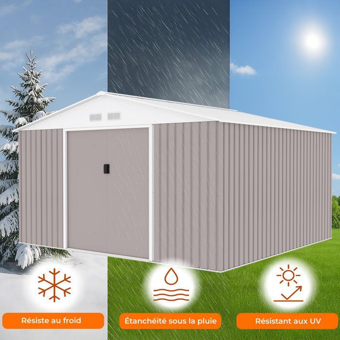 Abri de jardin en métal 10,85 m² - 340 x 319 x 210 cm - JUPITER - Kit d'ancrage inclus, 2 portes coulissantes - Taupe