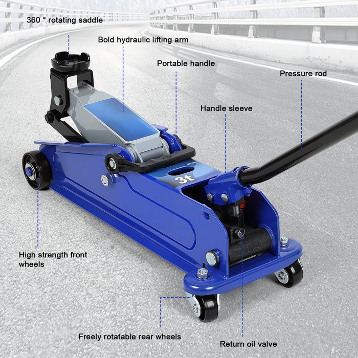 3-tonns hydraulisk jekk - Løfter biler, SUV-er og varebiler 127–386 mm - Svingbare hjul - Enkel transport