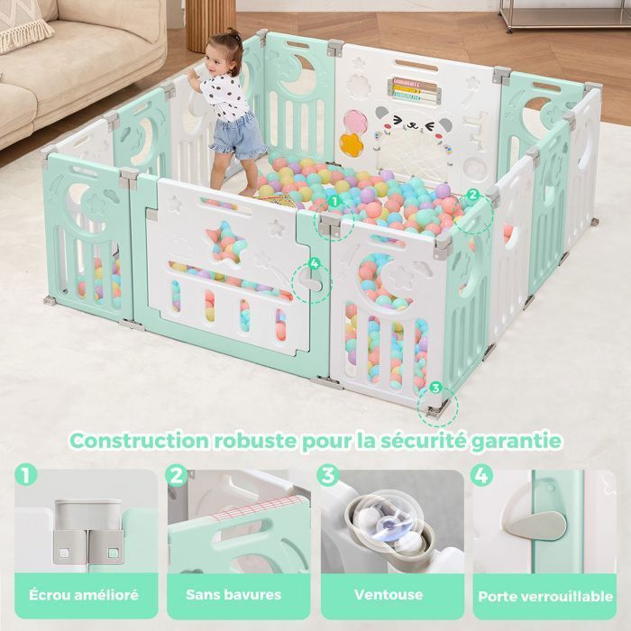 Baby Playpen 12+2 Panels, XL Modular Playpen with Safety Lock, Adjustable Shape, Foldable, Baby Gate, Green