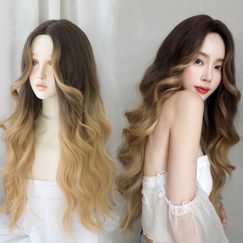 Parrucche bionde con capelli lunghi e lisci per donna, parrucca con onde profonde, capelli castano cenere ambrato, riga centrale, parrucca ondulata resistente al calore per cosplay per ragazza