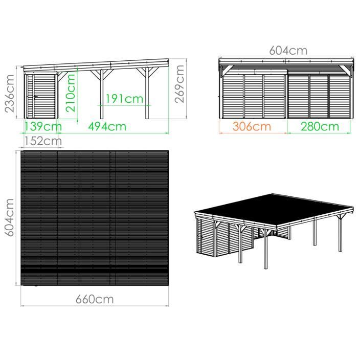 Wooden carport for 2 cars with annex, 39m²