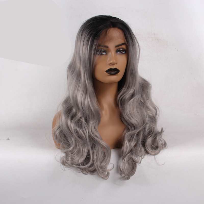 Parrucche sintetiche con frontale in pizzo color grigio sfumato per donna, attaccatura naturale per cosplay, parrucche con frontale in pizzo senza colla, ondulate