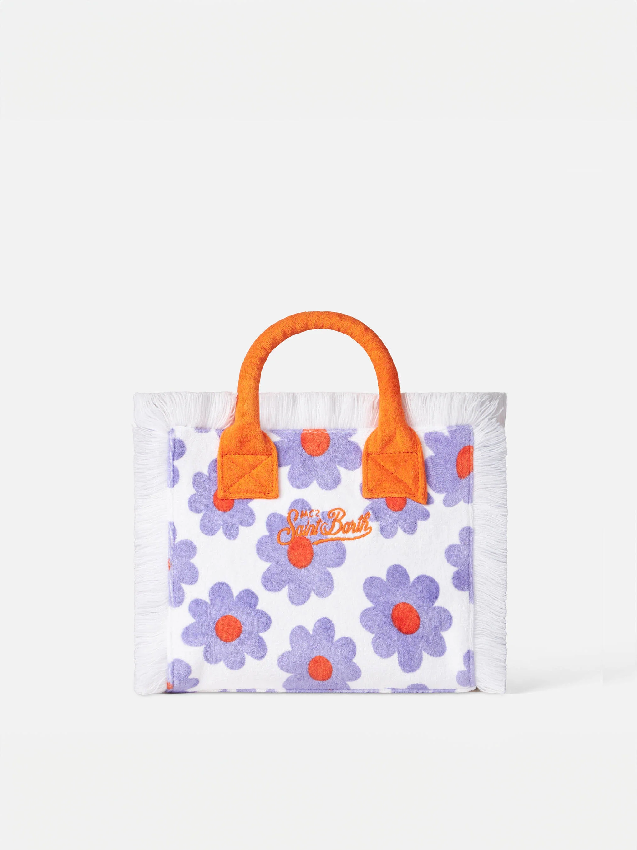 Colette Frottee-Handtasche mit Fransen und violettem sowie orangefarbenem Gänseblümchenmuster | MC2 Saint Barth Logo | 30 x 22 x 15 cm