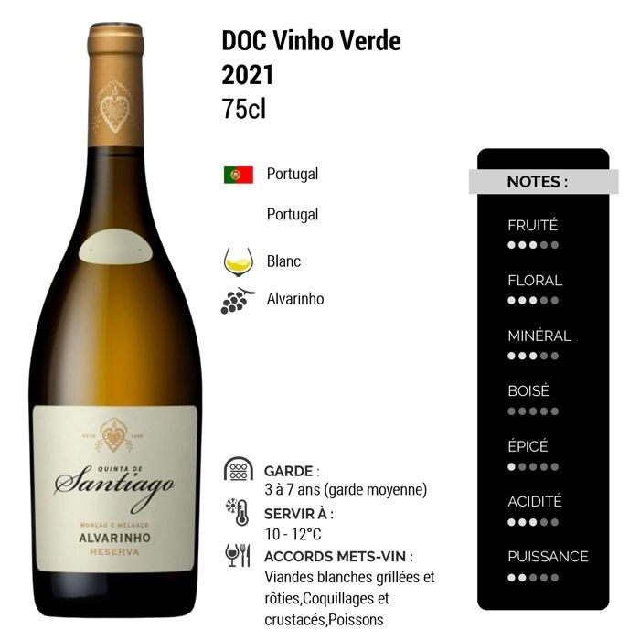 Quinta de Santiago Reserva Alvarinho 2021 - Vinho Verde - White Wine from Portugal (3x75cl)