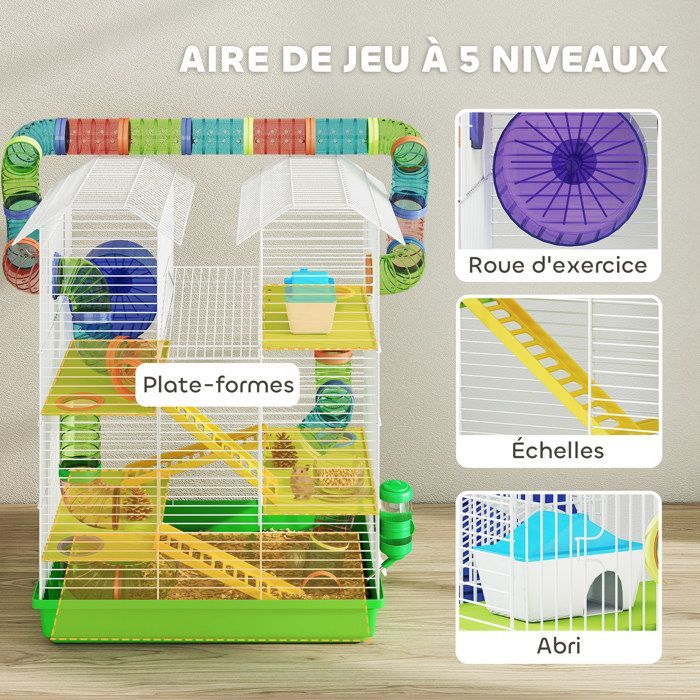 Cage pour hamster - PawHut - avec tunnel mangeoire roue jouet - pour souris petit animaux rongeur - 47 x 30 x 59 cm - vert