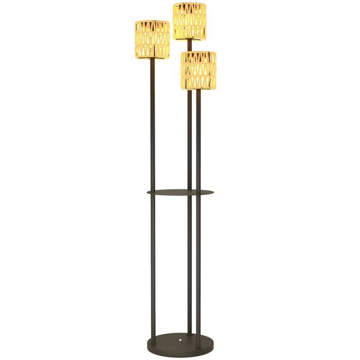 Luminária de chão solar para exterior Outsunny - 3 lâmpadas com sensor e prateleira - estilo boémio - resina trançada - Ø37 x 144 cm - amarela