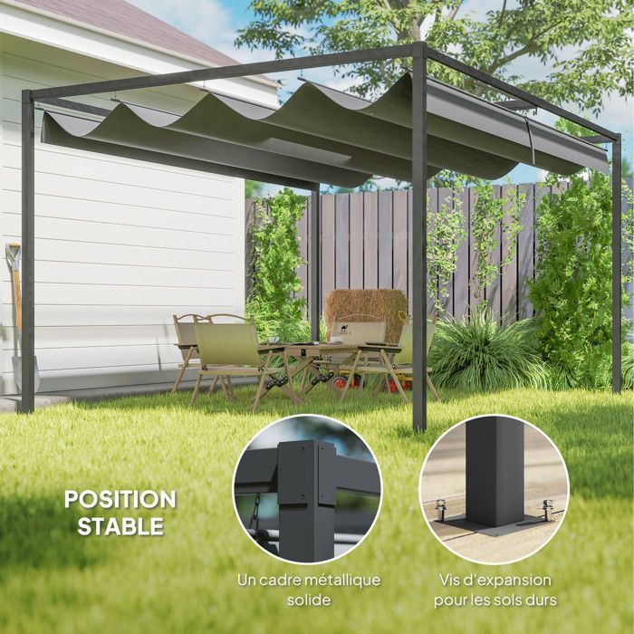 Pérgola corredera Outsunny - 4 x 3 m - Estructura metálica con revestimiento epoxi anticorrosión - Tejido de poliéster de alta densidad de 180 g/m² - Gris oscuro