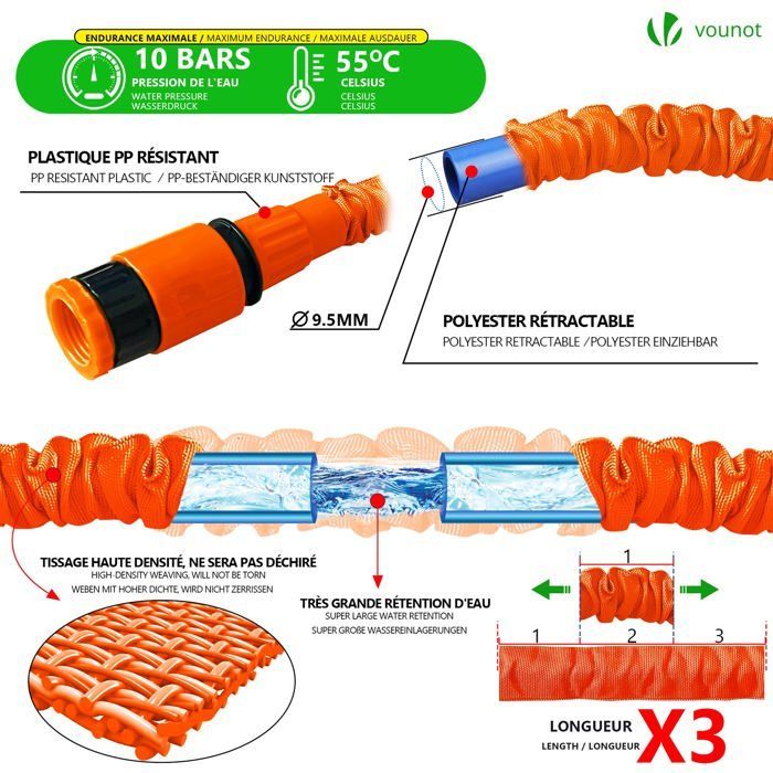 Manguera de jardín extensible VOUNOT® de 45 m, color naranja - 10 modos - Conector y bolsa de almacenamiento incluidos - Flexible y a prueba de fugas