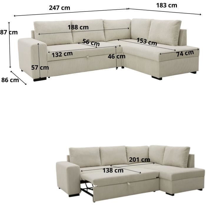 NIRVANA omkeerbare hoekbank met slaapfunctie, 4/5 zitplaatsen - Beige corduroy - Opbergvak - B247 x D183 x H87 cm