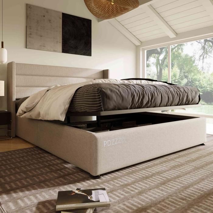 Letto contenitore 180x200 cm in tessuto di lino con rete a doghe in metallo, letto matrimoniale idraulico con vano contenitore, beige