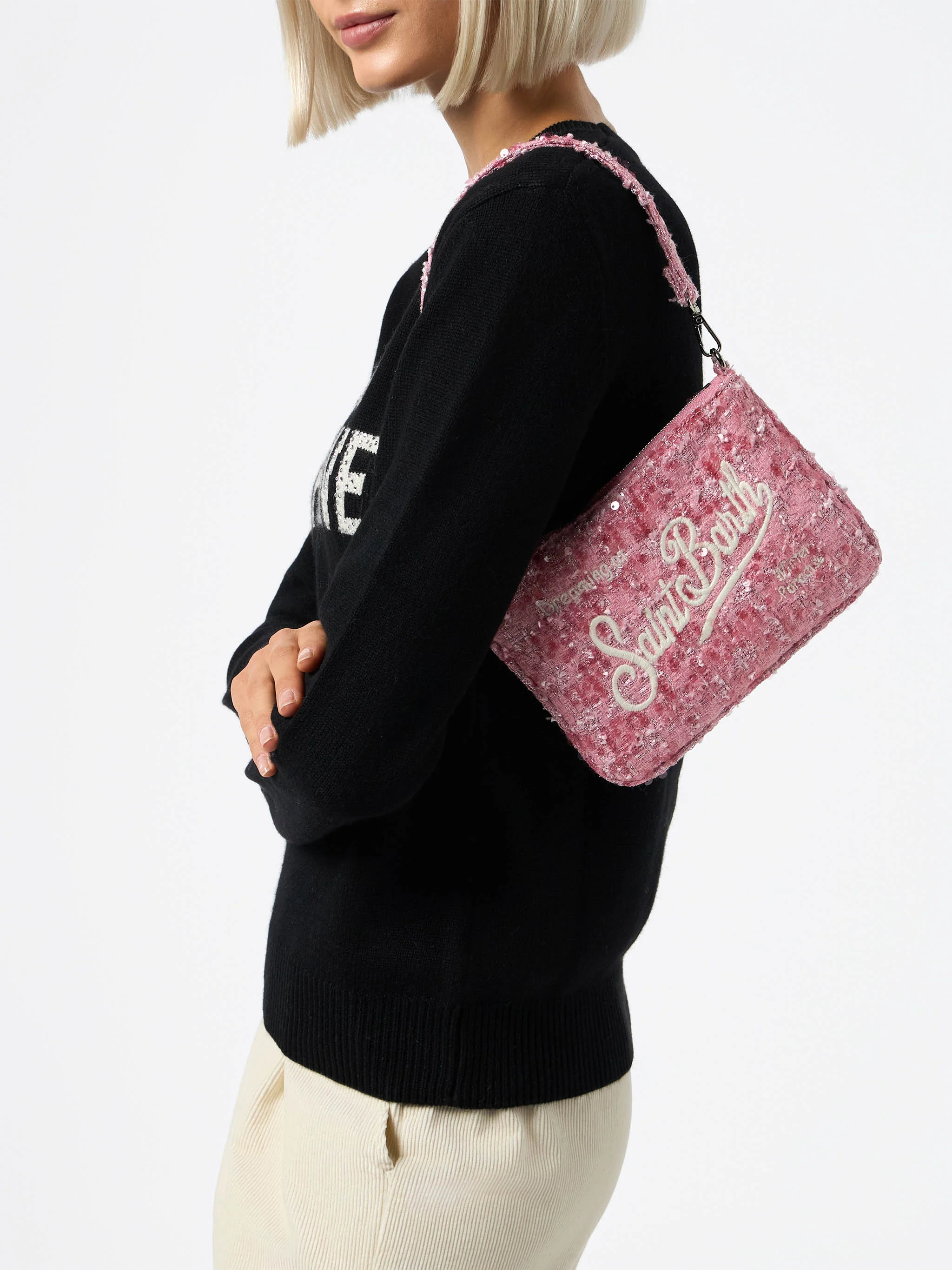 Mini Bolsa Parisienne | Tecido Tweed Rosa | Alças de Pulso e Ombro Removíveis em Couro Sintético Marrom | Bordado com o Logotipo Saint Barth | MC2 Saint Barth